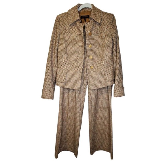 Escada 38 Houndstooth Tweed Brown Green 2 Piece Suit Career Wool Professional